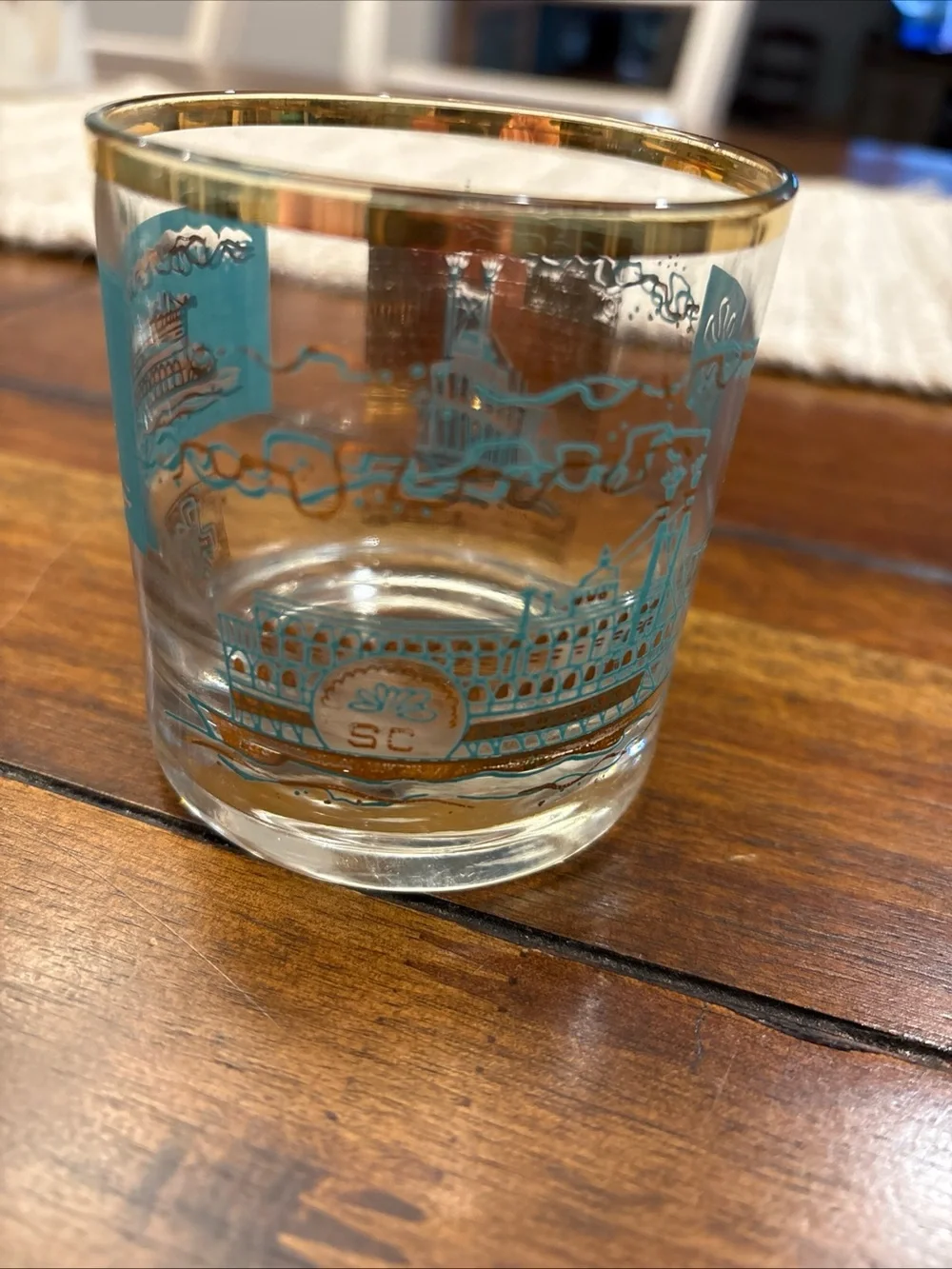 VTG Libbey Southern Comfort Riverboat Steamboat Glass set of 3 Turquoise Gold - Picture 3 of 7